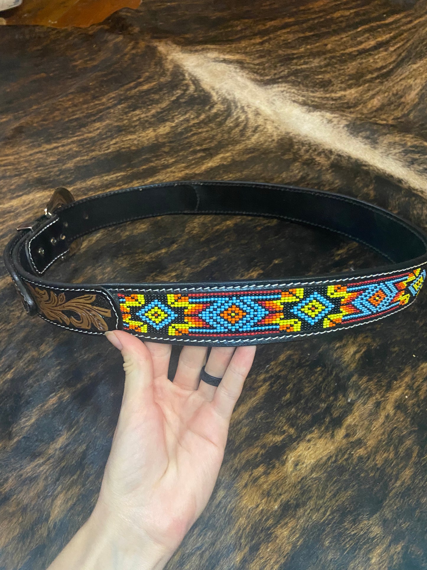 Aztec Beaded Leather Belt